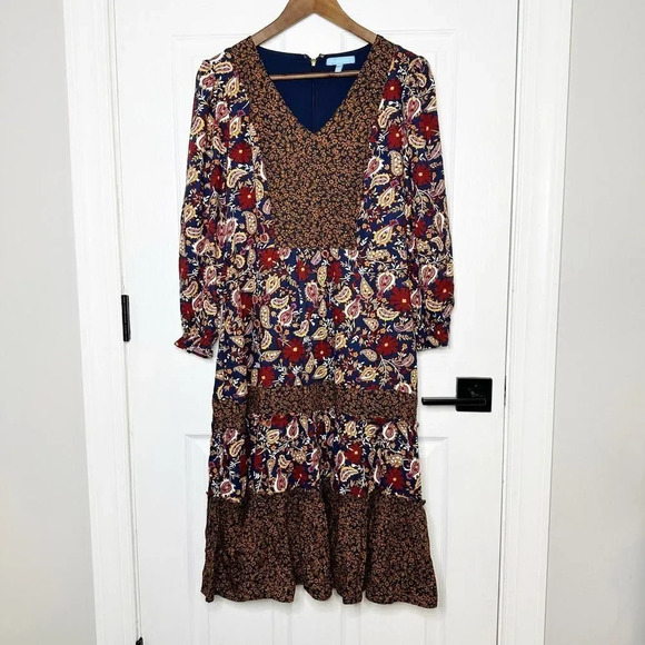 DRAPER JAMES Size 4 Paisley Ditsy Floral Long Sleeve Tiered Midi Dress‎ Boho - Picture 1 of 11